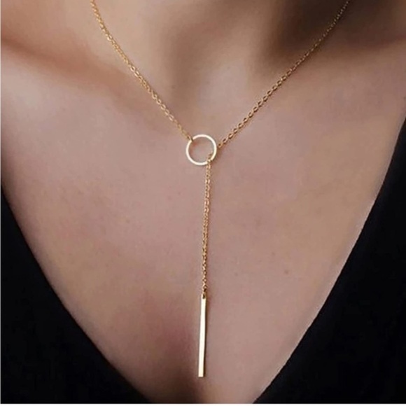 GOLD 14k Gold Plated Circle Bar Lariat Necklace - Picture 3 of 5